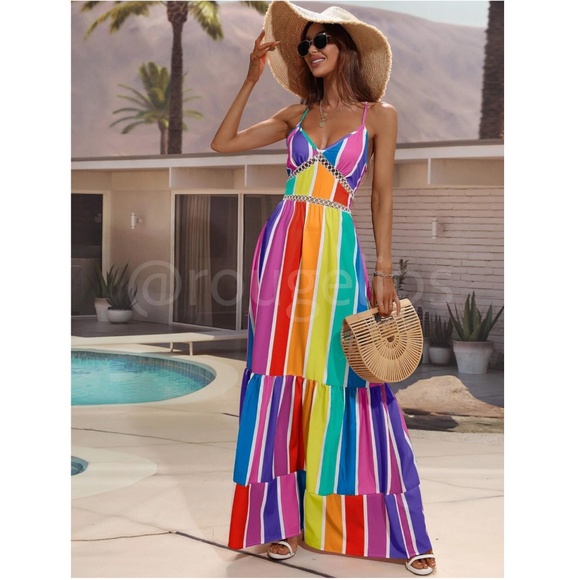 Rouge! Dresses & Skirts - Multicolor Maxi Dress V-Neck Color Block Stripes Criss Cross Back Ties
